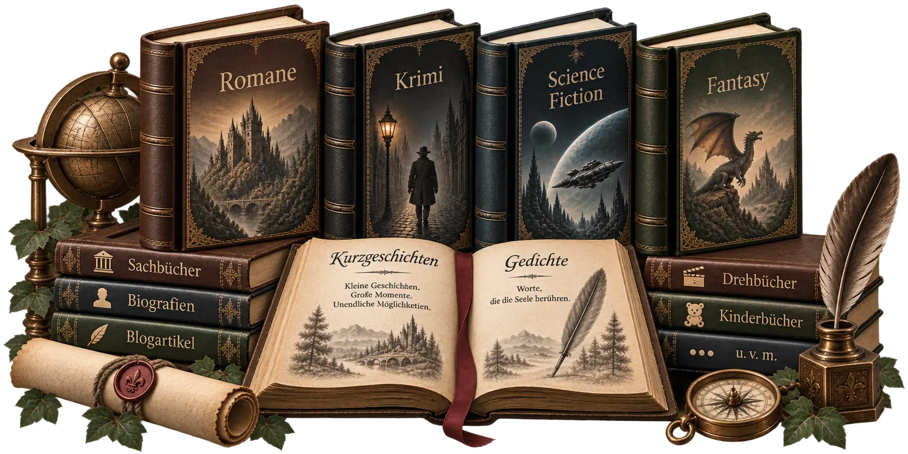 Bücher verschiedener Genres nebeneinander im Regal: Roman, Krimi, Science-Fiction, Fantasy, Sachbuch, Thriller, Historienroman und Lyrik
