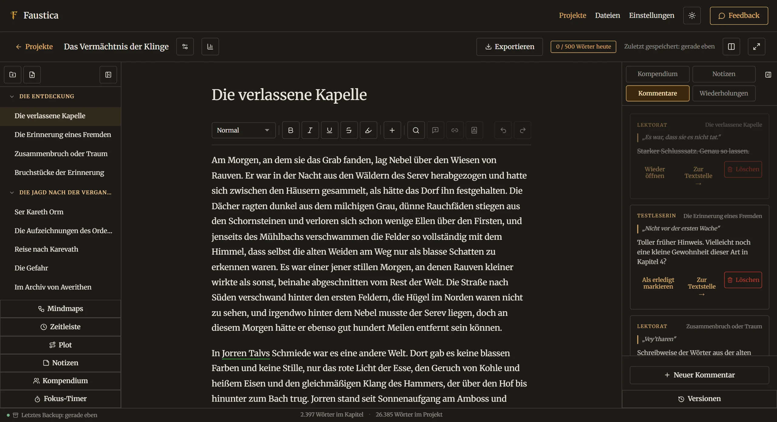 Kommentare am Rand eines Kapitels im Faustica-Editor