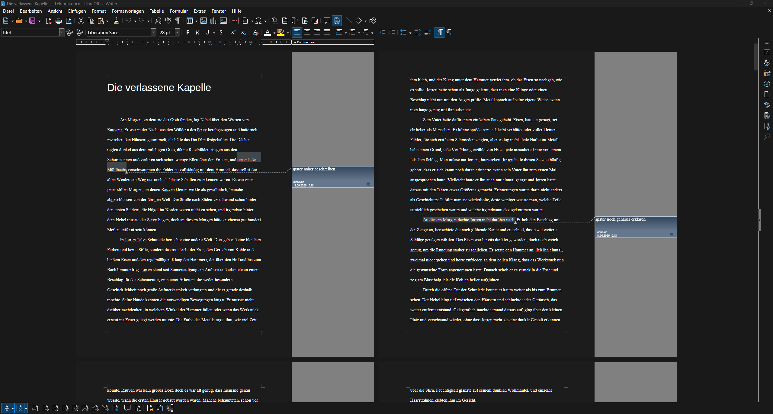 Ein aus Faustica exportiertes Kapitel mit Kommentaren, geöffnet in LibreOffice