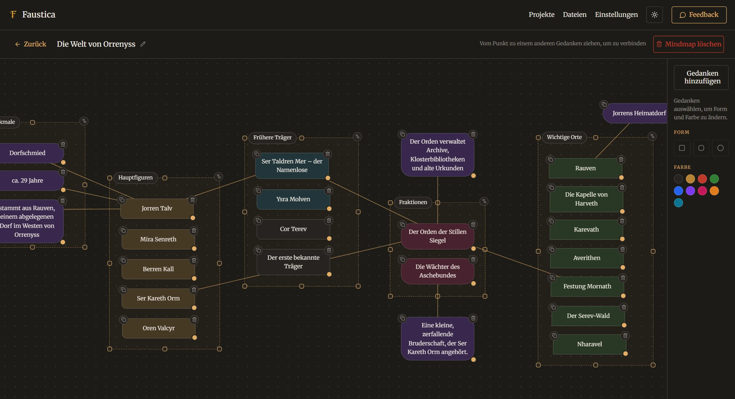 Eine geöffnete Mindmap in Faustica mit farbigen Knoten und Verbindungen zu Figuren, Fraktionen und Orten