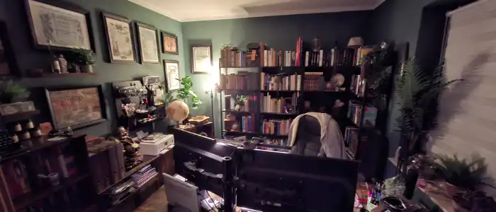 Abendlich beleuchtetes Arbeitszimmer mit Bücherregalen, Bildern an der Wand und einem Schreibtisch mit zwei Monitoren