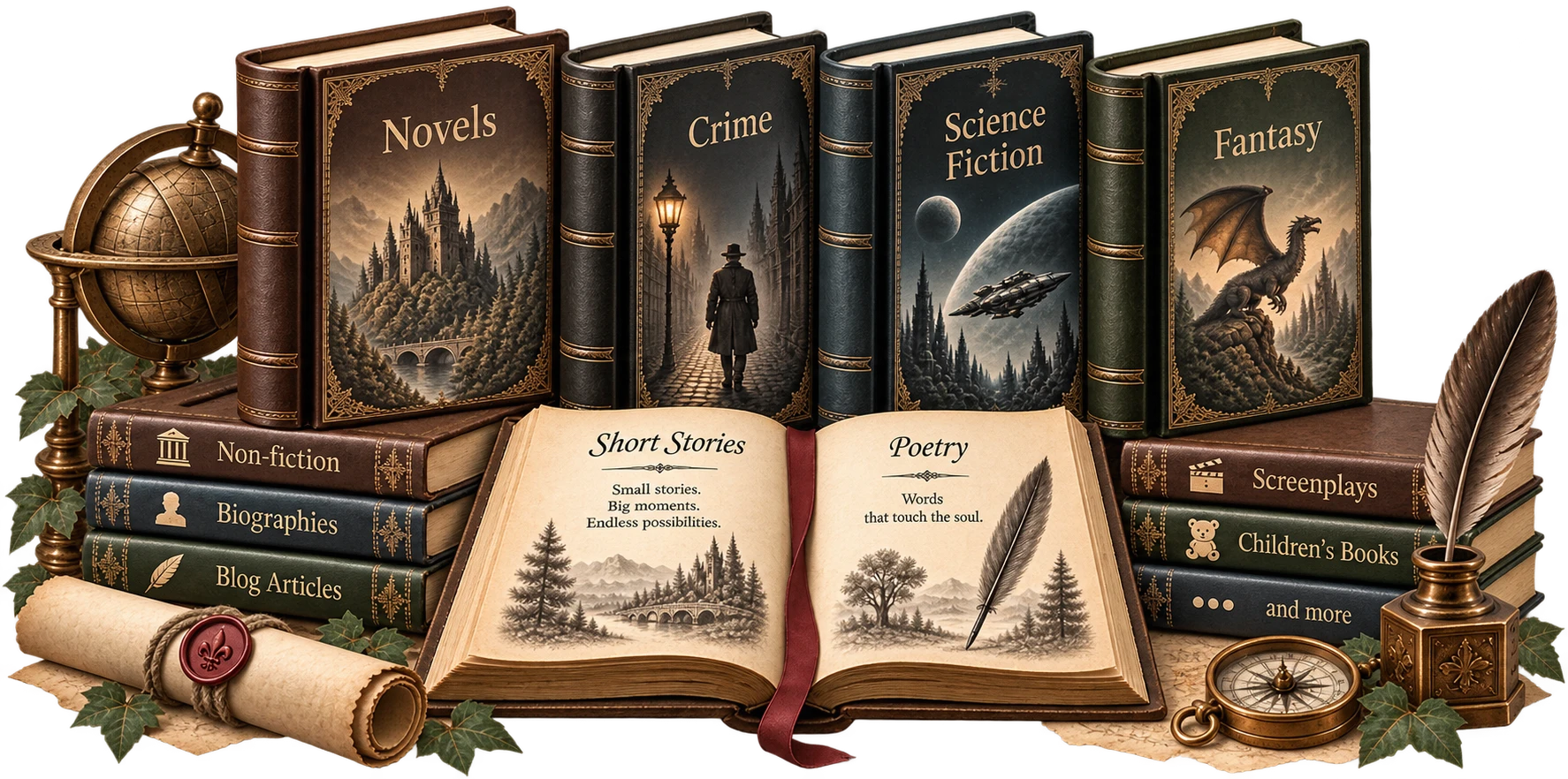 Books of different genres side by side on a shelf: novel, crime, science fiction, fantasy, non-fiction, thriller, historical fiction and poetry