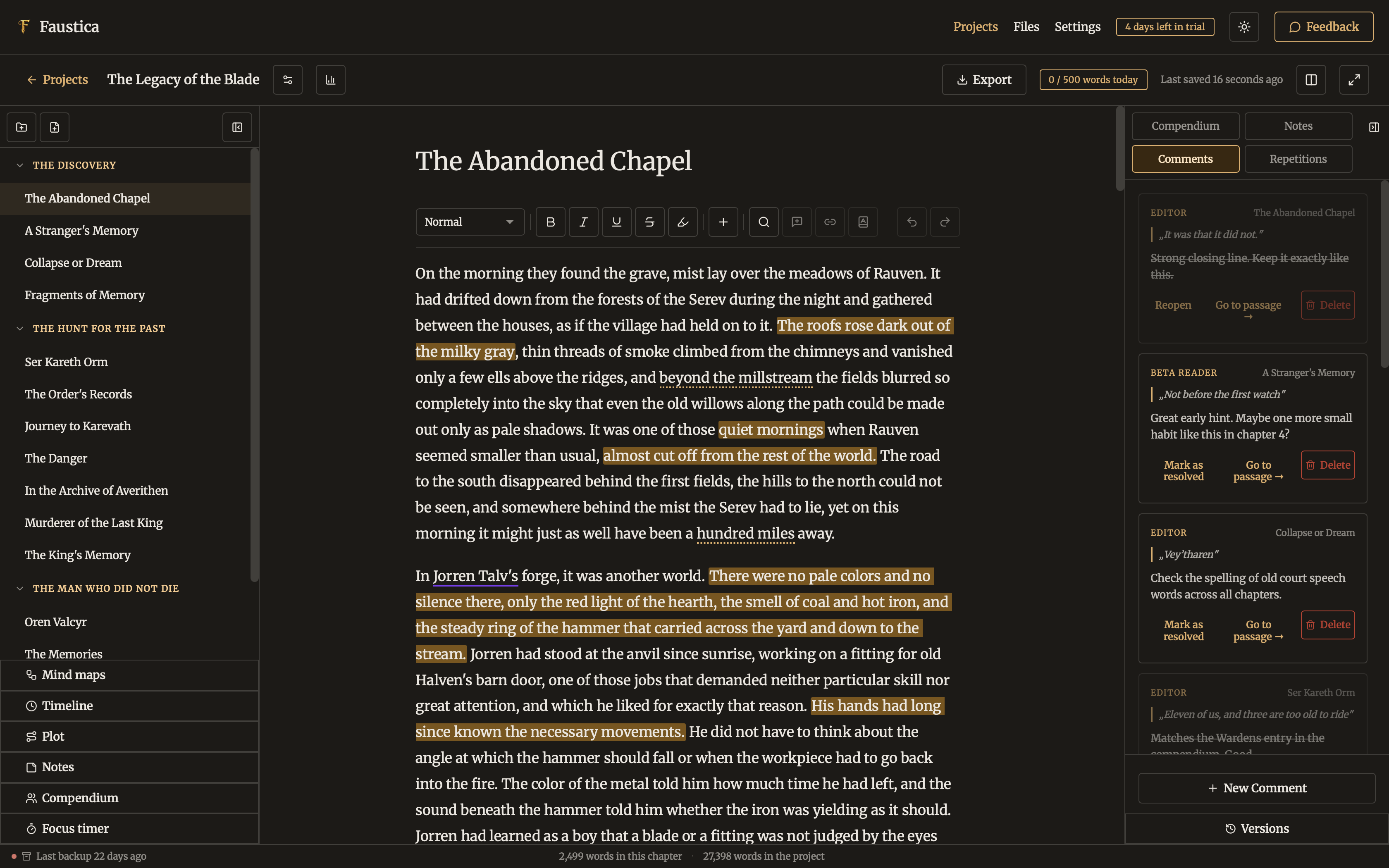 Highlights in the Faustica editor with an overview of open and resolved comments