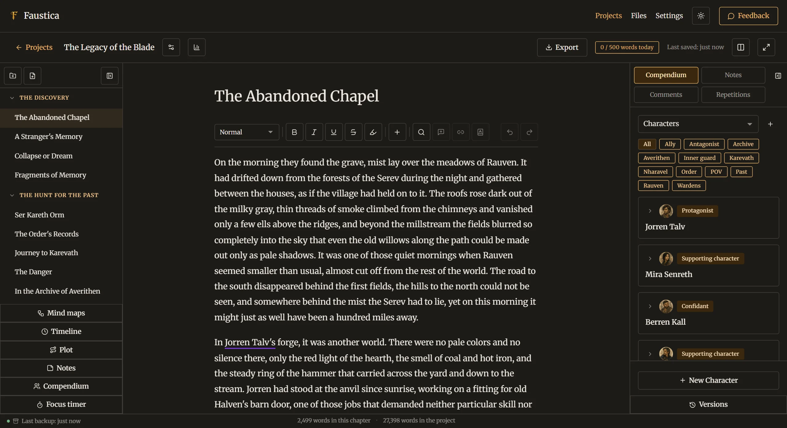 The Faustica editor with chapter tree, text and side panel