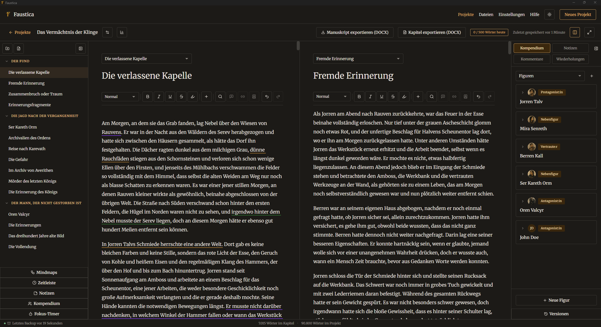 Two chapters side by side in the split view of the Faustica editor