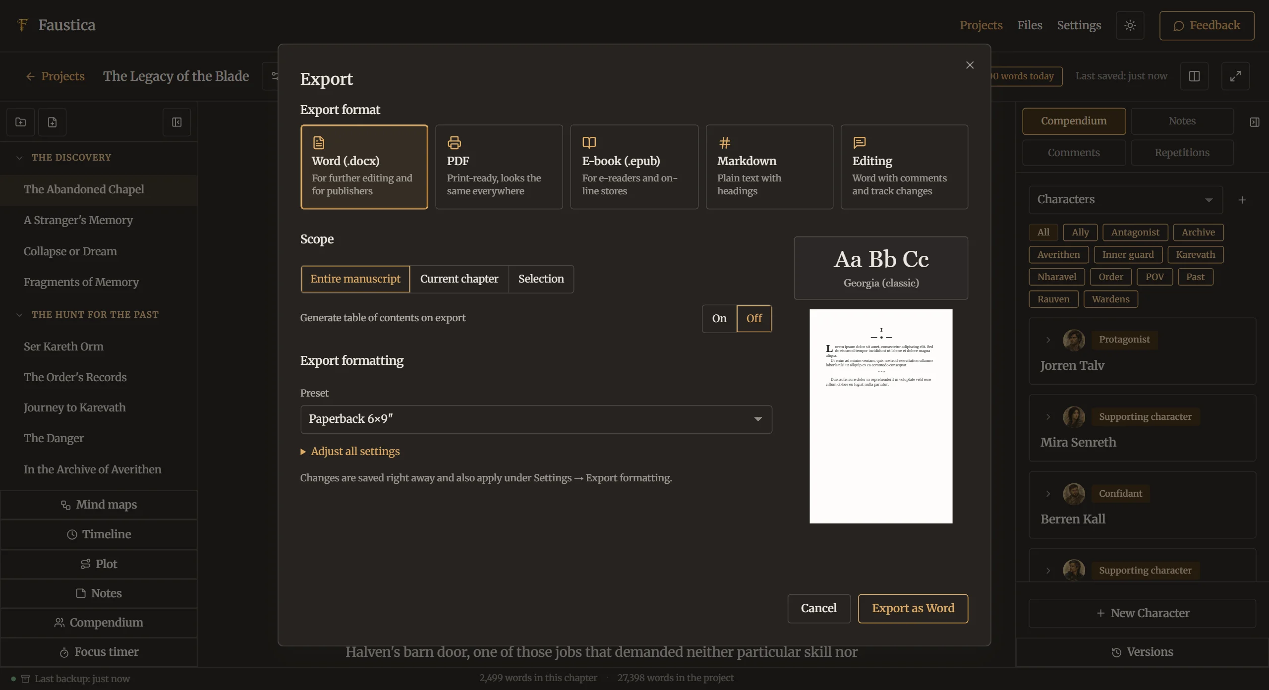Export dialog