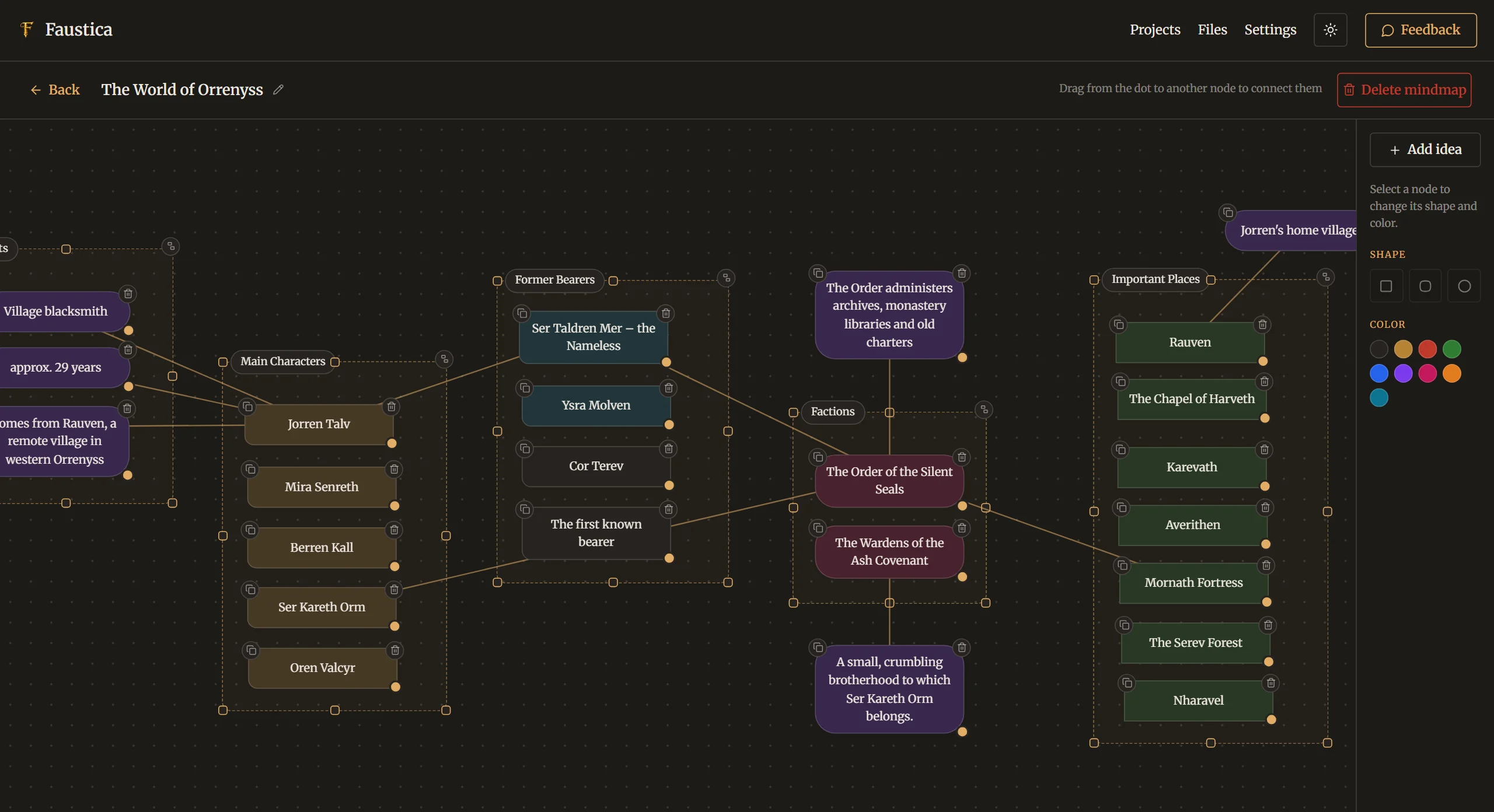 An open mind map in Faustica with colored nodes and connections for characters, factions and places
