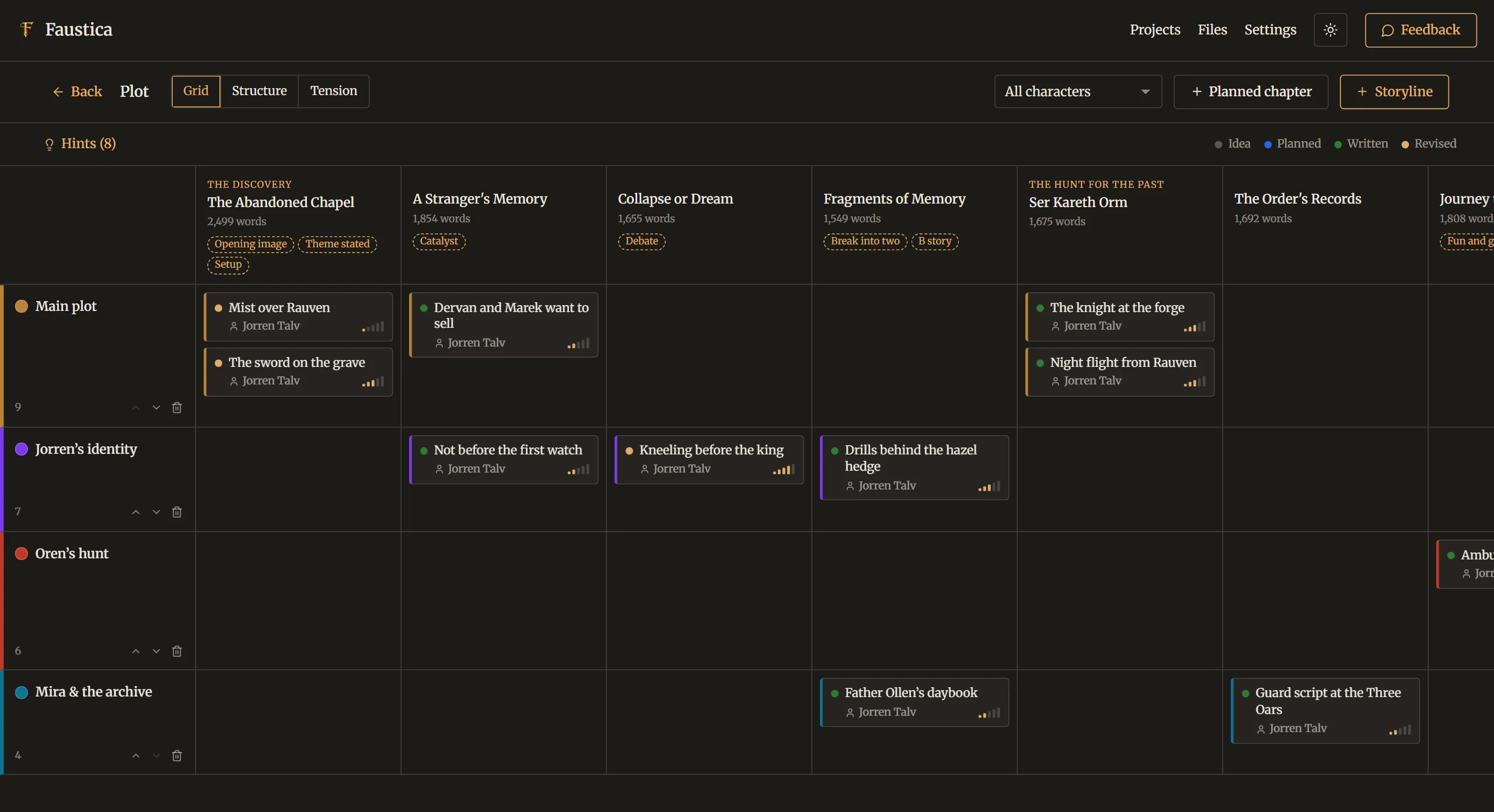 Storylines as rows and chapters as columns in Faustica’s Plot Planner
