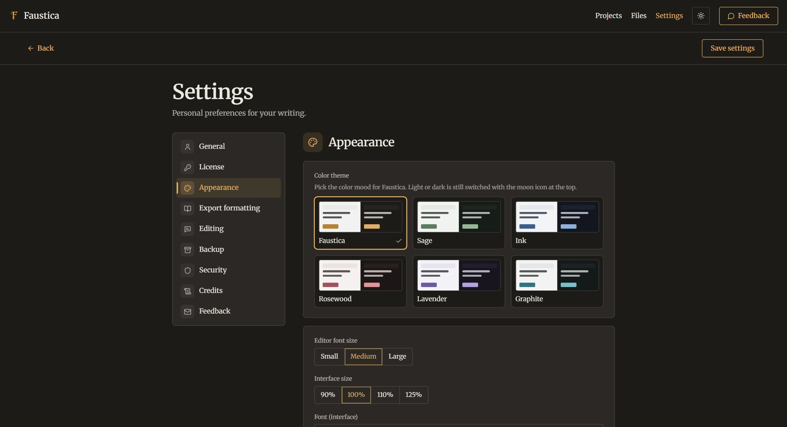 Color themes in settings